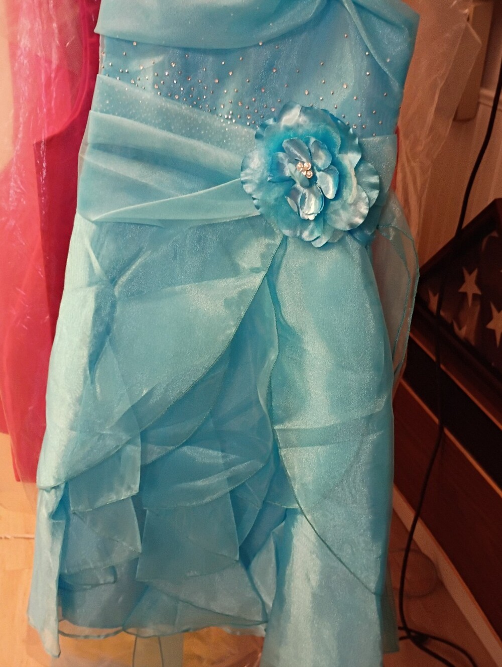 Girls Light Blue Formal Dress with Floral Waist Accent